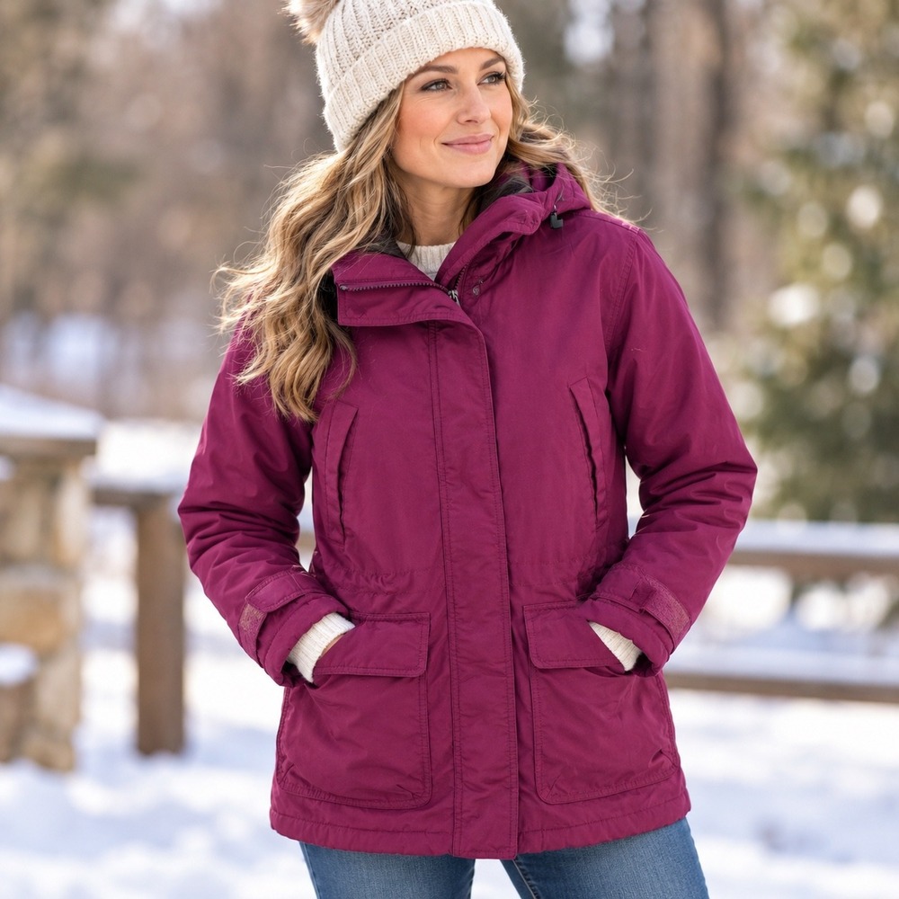 VTG Lands End Squall Polartec Women Petite 6-8 Purple Hooded Parka Fleece Lined